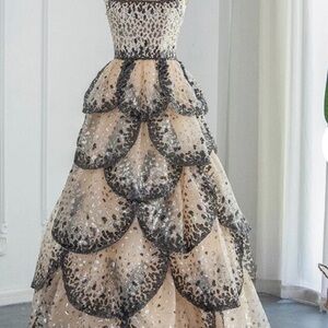 Sarah Siah Cream and Black Evening Gown.